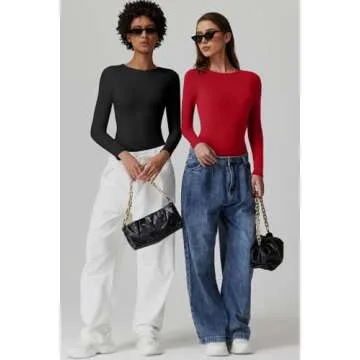 QINSEN Long Sleeve Bodysuit for Women Double Lined Crew Neck T Shirt Bodycon Tops Fiery Red S