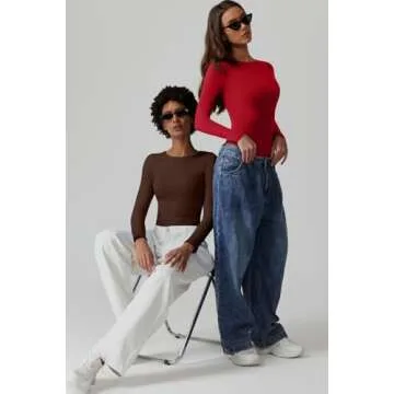 QINSEN Long Sleeve Bodysuit for Women Double Lined Crew Neck T Shirt Bodycon Tops Fiery Red S