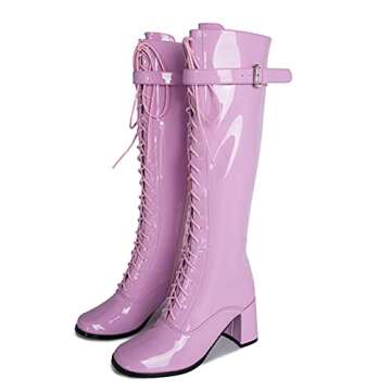 LIURUIJIA Women's Gogo Boots Lace up Knee High Block Heel Side Zipper Riding Boots