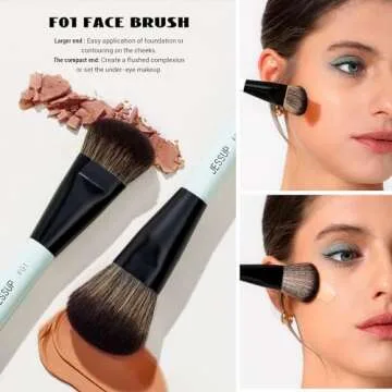 Jessup Makeup Brushes 2pcs Double Sided Foundation Brush Contour Brush Dual Ended Eye Blending Brush, Multi-functional Cosmetic Brush Bright Cyan T502
