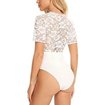 Gladiolus Women Lace Bodysuit Sexy Deep V Snap Crotch Clubwear Short Sleeve Tops S-XXXL