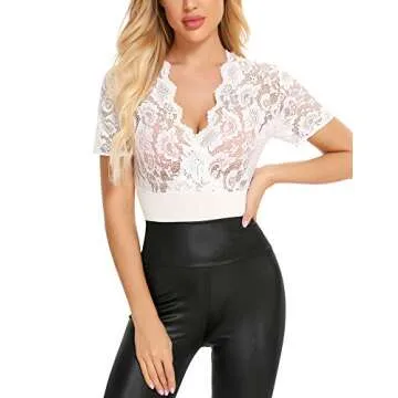 Gladiolus Women Lace Bodysuit Sexy Deep V Snap Crotch Clubwear Short Sleeve Tops S-XXXL