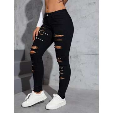 Floerns Women's Ripped Distressed High Waist Jeans Stretch Denim Pants Black 26