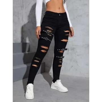 Floerns Women's Ripped Distressed High Waist Jeans Stretch Denim Pants Black 26