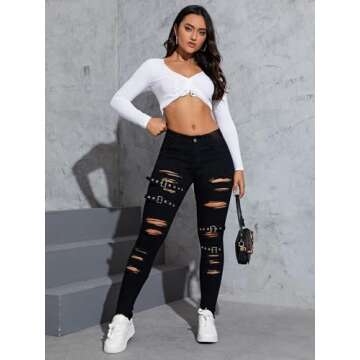 Floerns Women's Ripped Distressed High Waist Jeans Stretch Denim Pants Black 26