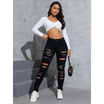 Floerns Women's Ripped Distressed High Waist Jeans Stretch Denim Pants Black 26
