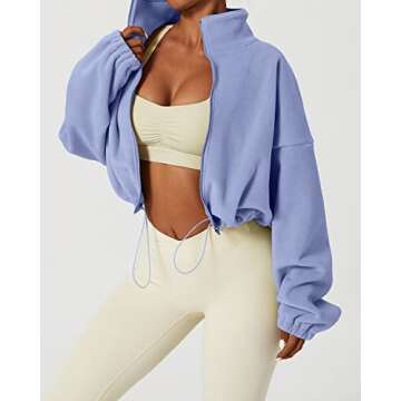 QINSEN Women's Stand Collar Polar Fleece Jacket Relax Fit Baggy Winter Short Coat Long Sleeve Warm Crop Outwear Dusty Pink M