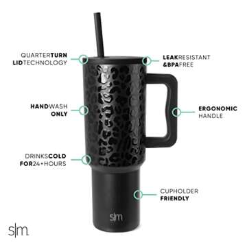 Simple Modern 40 oz Tumbler with Handle and Straw Lid | Insulated Cup Reusable Stainless Steel Water Bottle Travel Mug Cupholder Friendly | Gifts for Women Him Her | Trek Collection | Black Leopard