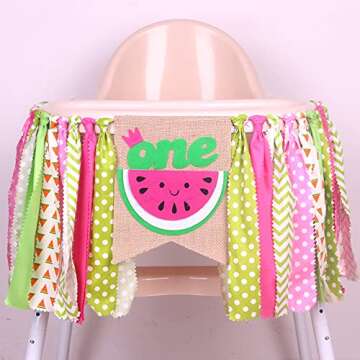 ONINIT HighChair Banner for Baby 1st Birthday Party Best First Birthday Decorations for Photo Booth Props High Chair Fabric Banners Supplies (Watermelon Theme A)