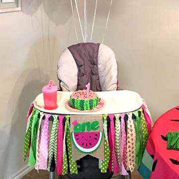 ONINIT HighChair Banner for Baby 1st Birthday Party Best First Birthday Decorations for Photo Booth Props High Chair Fabric Banners Supplies (Watermelon Theme A)