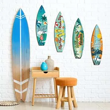 Tatuo 4 Pcs Surfboard Decor Wooden Beach Wall Decor Summer Themed Flip Flop Tropical Bar Wall Decora...