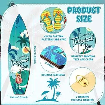 Tatuo 4 Pcs Surfboard Decor Wooden Beach Wall Decor Summer Themed Flip Flop Tropical Bar Wall Decorations Welcome to Paradise Door Hanging Sign for Summer Home Party Gift(11.81 x 3.31 x 0.2 Inch)