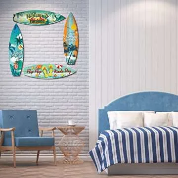 Tatuo 4 Pcs Surfboard Decor Wooden Beach Wall Decor Summer Themed Flip Flop Tropical Bar Wall Decorations Welcome to Paradise Door Hanging Sign for Summer Home Party Gift(11.81 x 3.31 x 0.2 Inch)
