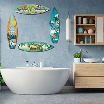Tatuo 4 Pcs Surfboard Decor Wooden Beach Wall Decor Summer Themed Flip Flop Tropical Bar Wall Decorations Welcome to Paradise Door Hanging Sign for Summer Home Party Gift(11.81 x 3.31 x 0.2 Inch)