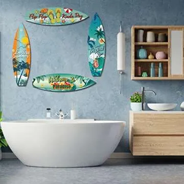 Tatuo 4 Pcs Surfboard Decor Wooden Beach Wall Decor Summer Themed Flip Flop Tropical Bar Wall Decorations Welcome to Paradise Door Hanging Sign for Summer Home Party Gift(11.81 x 3.31 x 0.2 Inch)