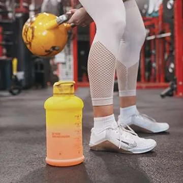 H2O Capsule INSPO Half Gallon Water Bottle with Time Marker and Straw Motivational Hydration Tracker Jug Big BPA-Free FoodSafe Leakproof Drinking Bottle Handle & Strap, Sunny Morning