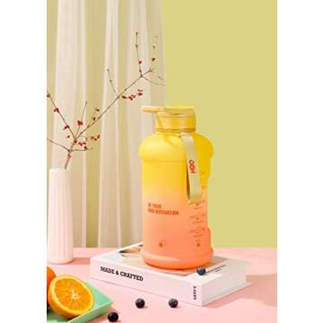 H2O Capsule INSPO Half Gallon Water Bottle with Time Marker and Straw Motivational Hydration Tracker Jug Big BPA-Free FoodSafe Leakproof Drinking Bottle Handle & Strap, Sunny Morning