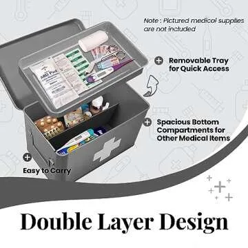 Flexzion First Aid Box Organizer Empty 13" Gray Vintage First Aid Kit Tin Metal Medical Box - First Aid Storage Box Container Bins with Dividers, Removable Tray and White Cross Logo