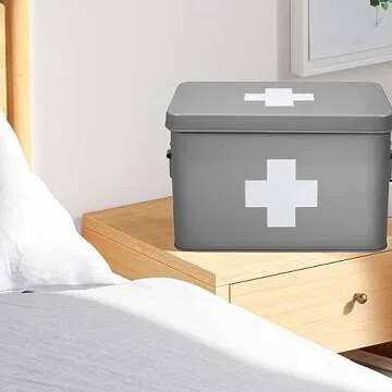 Flexzion First Aid Box Organizer Empty 13" Gray Vintage First Aid Kit Tin Metal Medical Box - First Aid Storage Box Container Bins with Dividers, Removable Tray and White Cross Logo