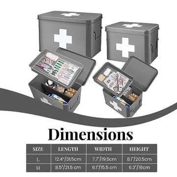 Flexzion First Aid Box Organizer Empty 13" Gray Vintage First Aid Kit Tin Metal Medical Box - First Aid Storage Box Container Bins with Dividers, Removable Tray and White Cross Logo
