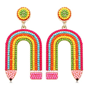 Teacher Pencil Earrings for Women Beaded Pencil Dangle Earrings Statement Rainbow Match Apple Earrin...