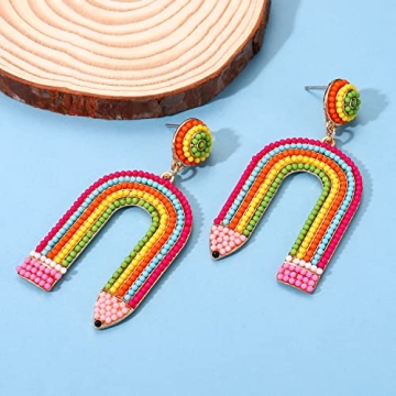 Teacher Pencil Earrings for Women Beaded Pencil Dangle Earrings Statement Rainbow Match Apple Earrings Back To School Jewelry Teacher Appreciation Gift (Pencil)