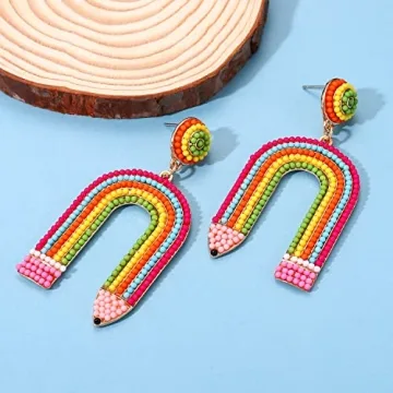 Teacher Pencil Earrings for Women Beaded Pencil Dangle Earrings Statement Rainbow Match Apple Earrings Back To School Jewelry Teacher Appreciation Gift (Pencil)