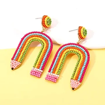 Teacher Pencil Earrings for Women Beaded Pencil Dangle Earrings Statement Rainbow Match Apple Earrings Back To School Jewelry Teacher Appreciation Gift (Pencil)