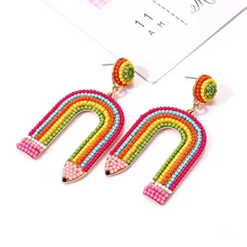 Teacher Pencil Earrings for Women Beaded Pencil Dangle Earrings Statement Rainbow Match Apple Earrings Back To School Jewelry Teacher Appreciation Gift (Pencil)