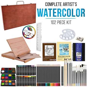 U.S. Art Supply 103-Piece Deluxe Art Creativity Set in Wooden Case with Wood Desk Easel - Artist Pai...