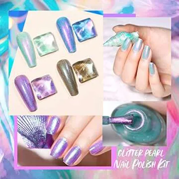 BORN PRETTY Shell Nail Polish Glitter Pearl Nail Polish Set Polarized Glimmer Shiny Glitter Nail Polish Varnish 4 Bottles Nail Art Manicure Set