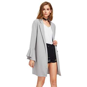 SheIn Women's Open Front Trumpet Long Sleeve Lapel Long Blazer Grey Small