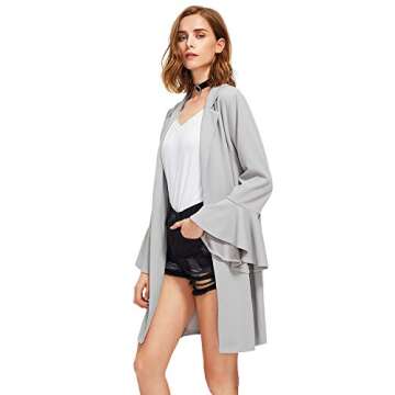 SheIn Women's Open Front Trumpet Long Sleeve Lapel Long Blazer Grey Small