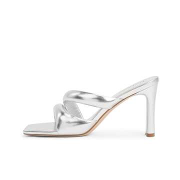 Modatope Heeled Mules for Women Silver Slides Square Toe Mule Dress Sandals Chunky Block Heel Mules for Women Heeled Slippers Open Peep Toe Heels Backless Slip On Heels Size 8