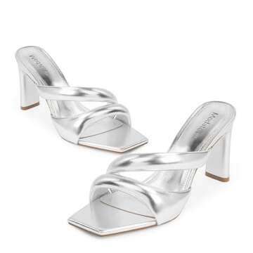 Modatope Heeled Mules for Women Silver Slides Square Toe Mule Dress Sandals Chunky Block Heel Mules for Women Heeled Slippers Open Peep Toe Heels Backless Slip On Heels Size 8