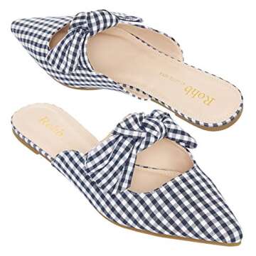 Rohb by Joyce Azria Jolie Backless Slip On Loafers Bow Embellished Mule Slippers (Gingham) Size 8.5