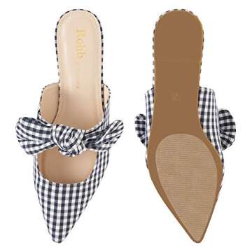 Rohb by Joyce Azria Jolie Backless Slip On Loafers Bow Embellished Mule Slippers (Gingham) Size 8.5