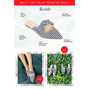 Rohb by Joyce Azria Jolie Backless Slip On Loafers Bow Embellished Mule Slippers (Gingham) Size 8.5