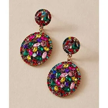 Asphinien Multi-colored Crystal Drop Dangle Earrings Sparkling Rhinestone Paved Round Stud Earrings Vintage Bridal Wedding Statement Earrings for Women
