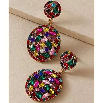 Asphinien Multi-colored Crystal Drop Dangle Earrings Sparkling Rhinestone Paved Round Stud Earrings Vintage Bridal Wedding Statement Earrings for Women