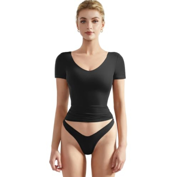 SUUKSESS Women Double Lined Fitted Basic Tee Shirts Sexy V Neck Short Sleeve Y2K Going Out Crop Tops...