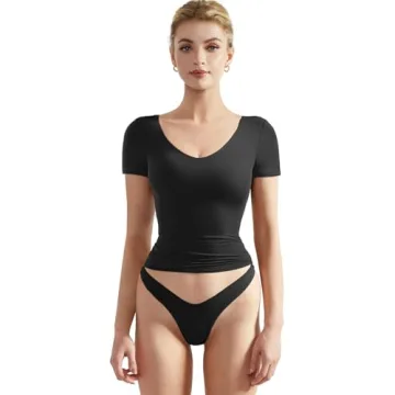 SUUKSESS Women Double Lined Fitted Basic Tee Shirts Sexy V Neck Short Sleeve Y2K Going Out Crop Tops...