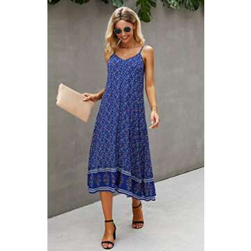 Angashion Women's Dresses Floral Adjustable Spaghetti Strap V Neck Boho Long Maxi Dress Summer Beach Flowy Ethnic Sundress 2142 Blue Medium