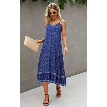 Angashion Women's Dresses Floral Adjustable Spaghetti Strap V Neck Boho Long Maxi Dress Summer Beach Flowy Ethnic Sundress 2142 Blue Medium