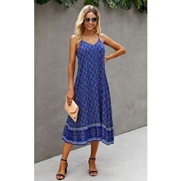 Angashion Women's Dresses Floral Adjustable Spaghetti Strap V Neck Boho Long Maxi Dress Summer Beach Flowy Ethnic Sundress 2142 Blue Medium
