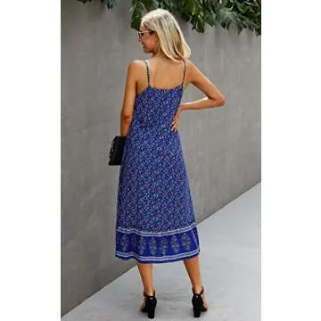 Angashion Women's Dresses Floral Adjustable Spaghetti Strap V Neck Boho Long Maxi Dress Summer Beach Flowy Ethnic Sundress 2142 Blue Medium