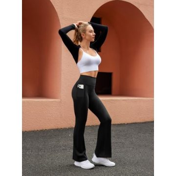 SEAJOJO Women's High Waist Flare Yoga Pants Tummy Control Casual Bootcut Leggings with Side Pockets Black