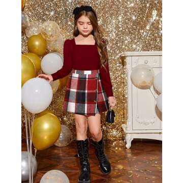 AGAPENG Girl Clothes Size 7 8 Girls Outfit Skirt Sets Square Neck Red Jacquard Puff Long Sleeve Shir...