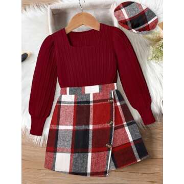 AGAPENG Girl Clothes Size 7 8 Girls Outfit Skirt Sets Square Neck Red Jacquard Puff Long Sleeve Shirt Tops Red Plaid Mini Skirt Shorts Girls Christmas Dress Christmas Outfit Fall Winter Outfits
