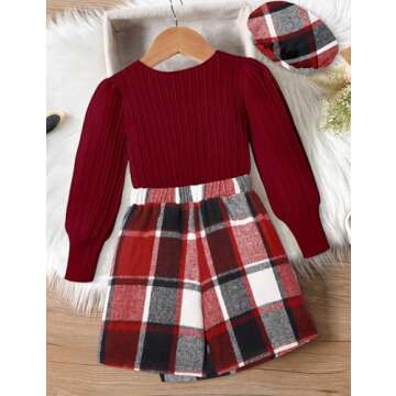 AGAPENG Girl Clothes Size 7 8 Girls Outfit Skirt Sets Square Neck Red Jacquard Puff Long Sleeve Shirt Tops Red Plaid Mini Skirt Shorts Girls Christmas Dress Christmas Outfit Fall Winter Outfits